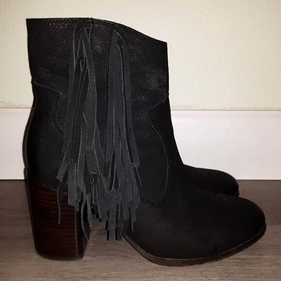 Liebeskind Black Leather ? Fringe High Heeled Ankle Boots Zip Up Booties Size 37 - Picture 1 of 12